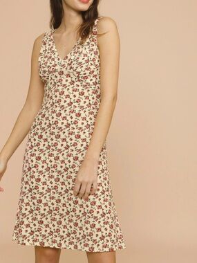 ROUJE Ecru Cream & Pink Red Floral Printed V Neck Silvia Retro Classic Sun Dress